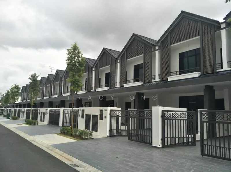 Exterior type: linked terrace house; features: two-storey building, grey painted facade, timber cladding accents, gated entrance, manicured landscaping, paved walkway, multiple windows, balconies on upper floor, flat roof, modern architectural design, driveway with interlocking pavers; style: modern.