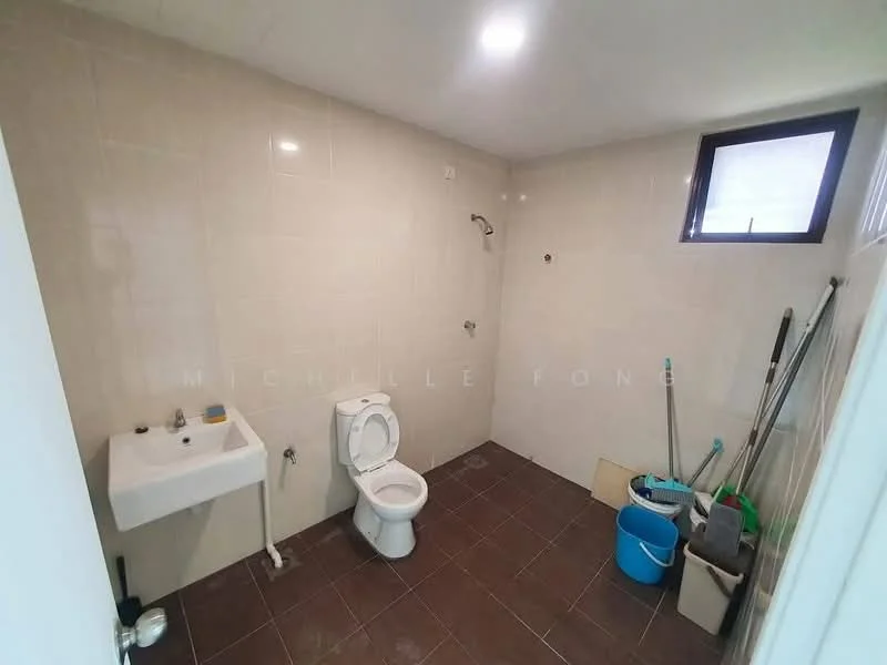 Laundry features: white tiled walls, brown ceramic tile flooring, single-basin sink, toilet, shower head, window, cleaning supplies, mop, bucket.