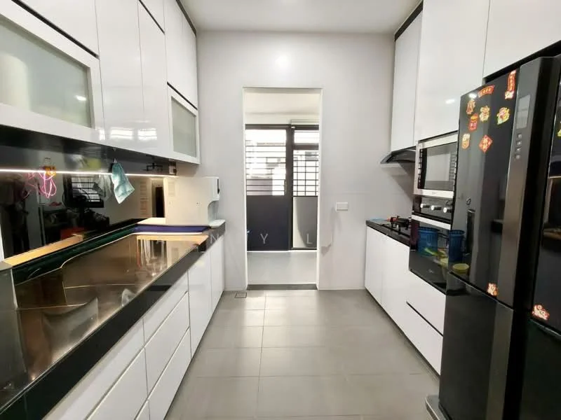 Kitchen features: white cabinetry with flat-panel doors, black granite countertop, stainless-steel sink, chrome pull-down faucet, built-in oven, freestanding range oven, microwave, stainless-steel side-by-side fridge, tile flooring, recessed downlights, glass upper cabinet doors, open shelving, window with view to outdoor area; style: modern.