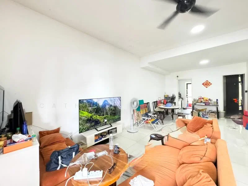 Living features: orange fabric sectional sofa, round wooden coffee table, wall-mounted TV, white painted walls, ceramic tile flooring, ceiling fan, floor lamp, decorative wall art, open layout, large windows, various furniture pieces, multiple chairs, fan, cable management visible; style: modern.