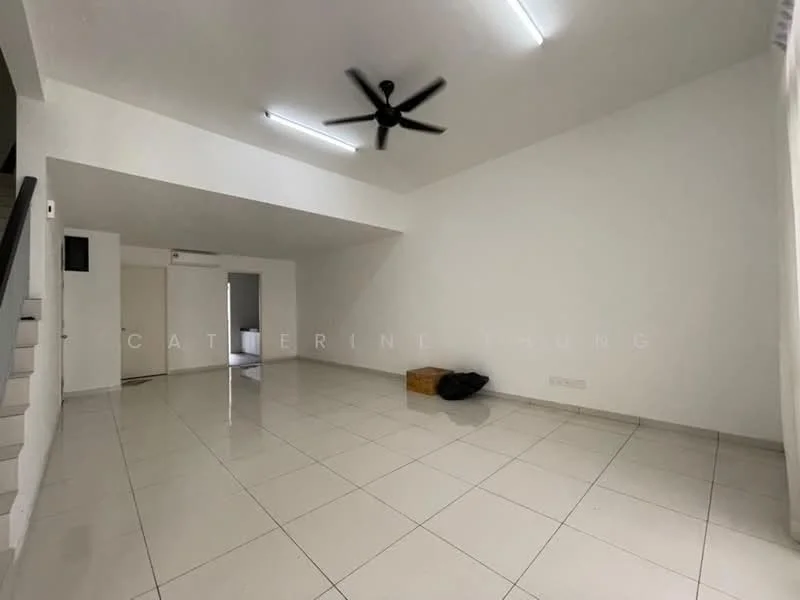 Living features: white painted walls, polished ceramic tile flooring, 5-blade ceiling fan, recessed LED downlights, large open space, staircase visible, no furniture, neutral color scheme; style: modern.