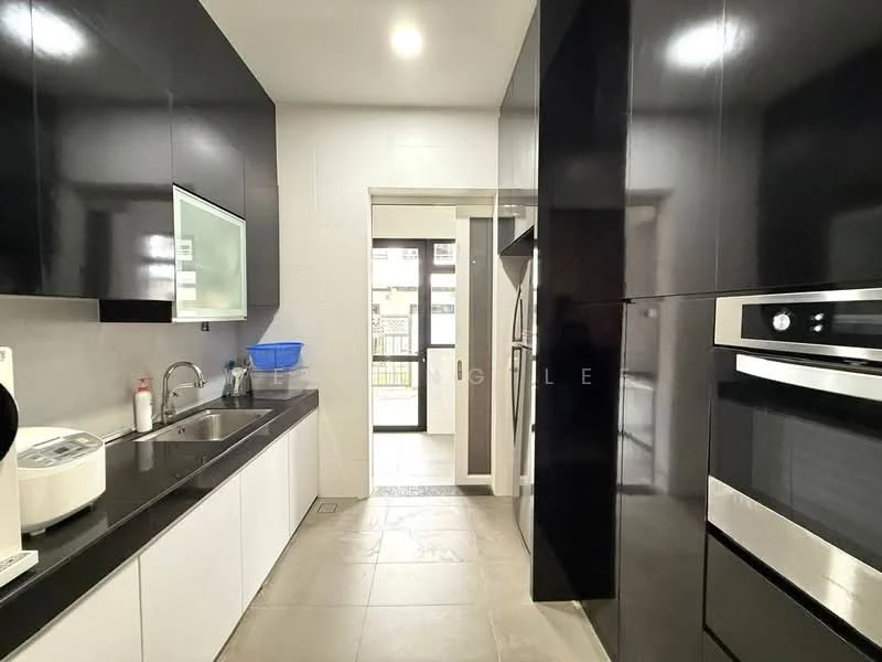 Kitchen features: black cabinetry, white countertop, stainless-steel built-in oven, stainless-steel microwave, single-bowl stainless-steel sink, chrome pull-down faucet, ceramic tile flooring, window with view to balcony, sliding glass door, recessed downlights; style: modern.