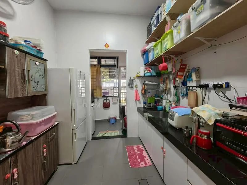Kitchen features: dark wood cabinetry, black countertop, stainless-steel sink, chrome faucet, built-in refrigerator, microwave, toaster, kettle, open shelving, plastic storage containers, tile flooring, window with blinds, wall-mounted electrical outlets, pink area rug; style: modern.