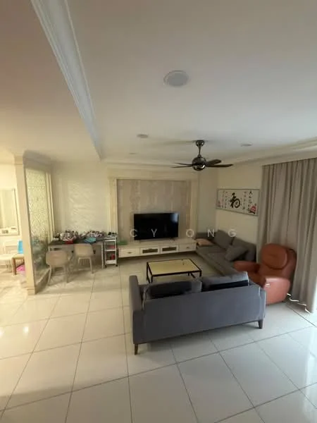 Living features: grey fabric L-shape sectional sofa, single brown leather armchair, white coffee table, wall-mounted flat-screen TV, recessed ceiling lights, 5-blade ceiling fan, white tiled flooring, light beige painted walls, curtains in light grey, decorative wall art, open shelving unit, dining area visible in background; style: modern.