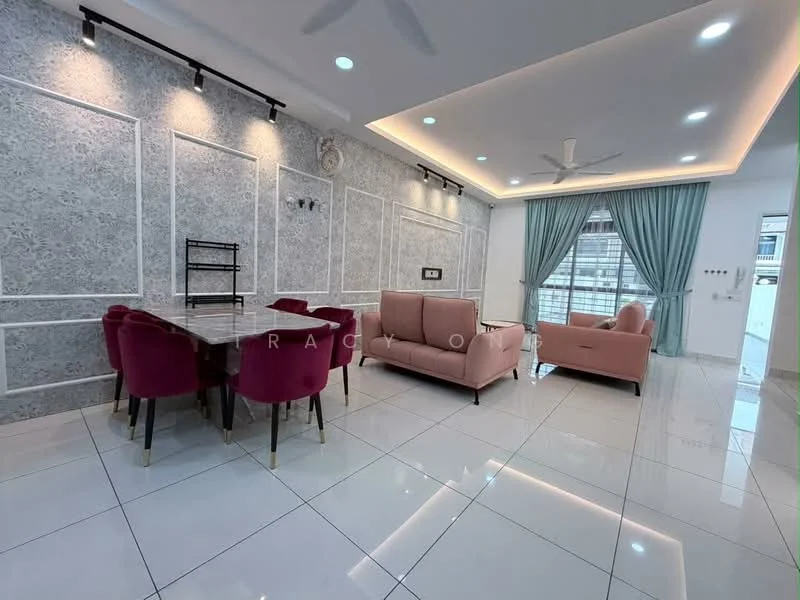 Living features: white painted walls, grey patterned accent wall, glossy white tile flooring, 5-blade ceiling fan with light, recessed LED downlights, large window with sheer curtains, pink fabric sofa, 2-seater pink sofa, glass-top dining table, 4 velvet dining chairs in burgundy, decorative wall panels, wall-mounted TV, open layout; style: modern; view: city.