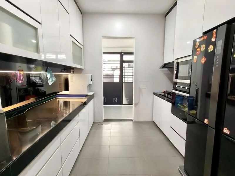 Kitchen features: white flat-panel cabinets, black granite countertop, stainless-steel sink, chrome pull-down faucet, built-in oven, freestanding range oven, microwave, stainless-steel fridge, tile flooring, under-cabinet lighting, glass upper cabinet doors, open shelving, window with grid pattern, sliding door to outdoor area; style: modern.