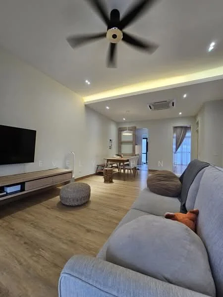 Living features: 3-seater fabric sofa in light grey, orange decorative cushion, wooden coffee table, TV console with wall-mounted TV, ceiling fan with light, recessed LED downlights, laminate flooring, large window with sheer curtains, open layout to dining area, decorative pouf; style: modern. Dining features: 4-seater dining table, wooden dining chairs, open layout to living area; style: modern.