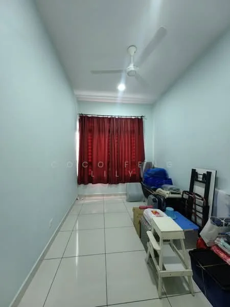 Room features: white painted walls, glossy tile flooring, ceiling fan, red curtains, large window, various boxes and furniture, bright overhead lighting.