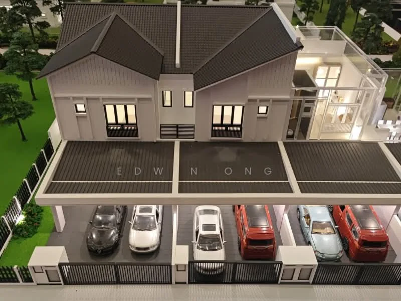 Exterior type: linked terrace house; features: two-storey building, pitched tile roof, white painted facade, glass balcony, car porch with multiple parking spaces, manicured lawn, surrounded by greenery; style: modern.