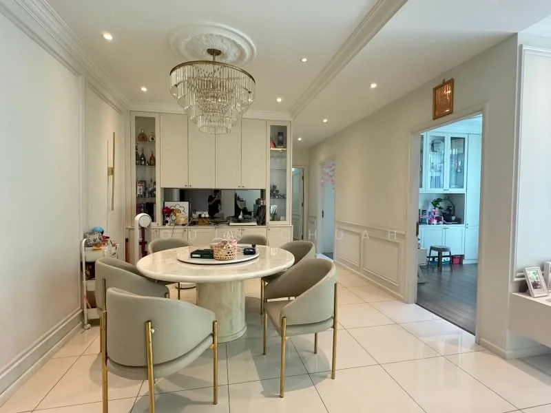 Dining features: round dining table with marble top, upholstered dining chairs with gold legs, chandelier with crystals, white painted walls, recessed downlights, built-in cabinetry, open kitchen view, tile flooring, decorative wall paneling; style: modern. Room features: white painted walls, wood flooring, doorway leading to kitchen.