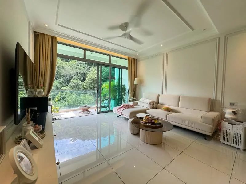 Living features: white painted walls, glossy tile flooring, 5-blade ceiling fan, large floor-to-ceiling windows, sliding glass door, beige fabric sofa, round coffee table, TV console, decorative wall art, curtains, potted plants, area rug; style: modern; view: garden.
