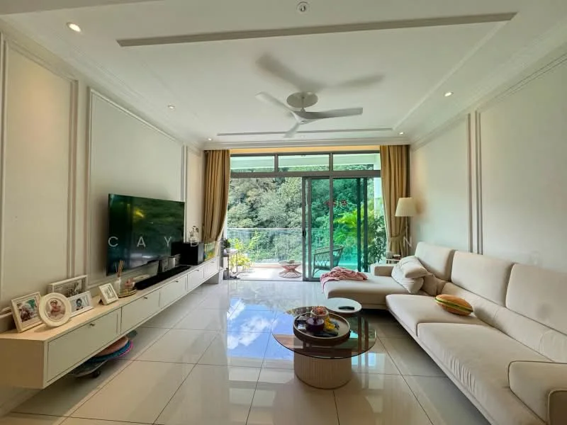 Living features: white painted walls, tray ceiling, recessed downlights, 5-blade ceiling fan, large sliding glass door, floor-to-ceiling windows, light-colored sectional sofa, coffee table with round top, TV console with built-in storage, decorative photo frames, area rug, curtains, greenery view from windows; style: modern; view: garden.
