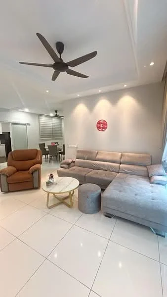 Living features: L-shape sectional sofa in grey, 3-seater fabric sofa, coffee table with round glass top and gold legs, ceiling fan with 5 blades, white walls, white tiled flooring, decorative wall art, curtains in light beige, recessed lighting; style: modern.