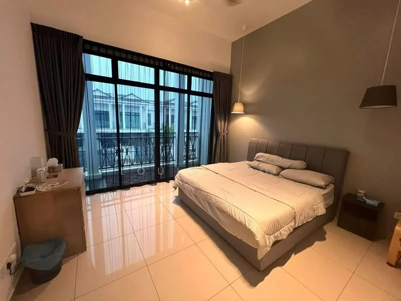 Bedroom features: king-size bed, upholstered headboard, bedside lamps, floor-to-ceiling windows, sheer curtains, grey accent wall, white painted walls, polished tile flooring, nightstand, decorative pendant light; style: modern; view: courtyard.