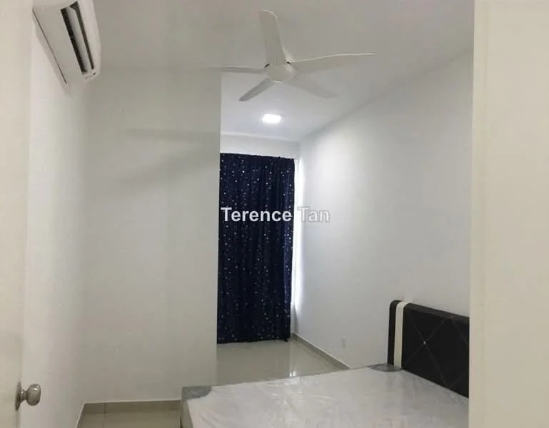 Bedroom features: white painted walls, glossy tile flooring, 5-blade ceiling fan, floor-to-ceiling window with sheer curtains, queen-size bed, upholstered headboard, decorative curtain with star pattern; style: modern.