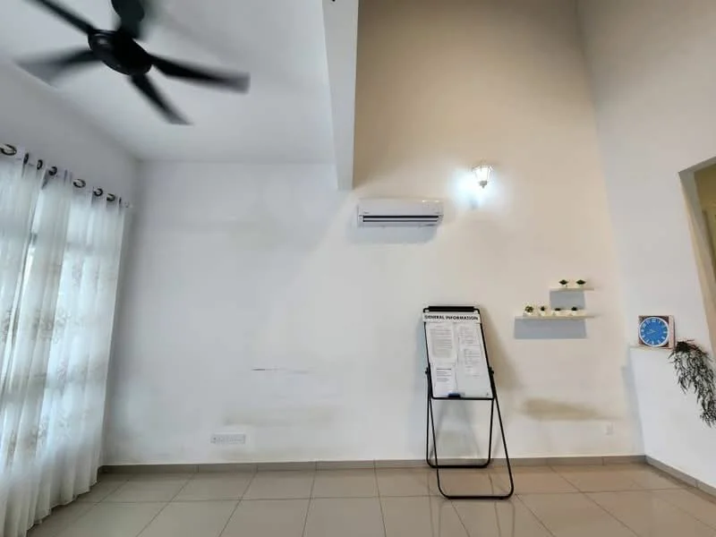 Room features: white painted walls, high ceiling, ceramic tile flooring, 5-blade ceiling fan, wall-mounted split AC, sheer curtains, decorative wall shelves, framed wall clock, floor-to-ceiling windows, light fixture; style: modern.