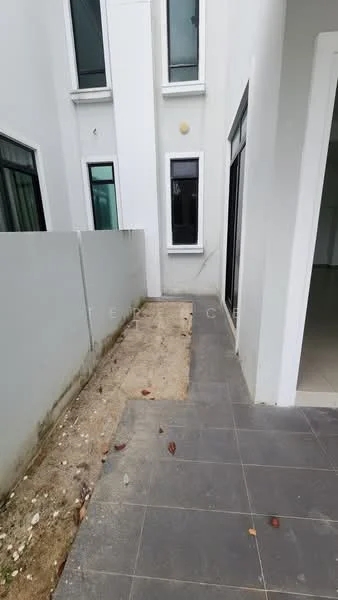 Exterior features: white painted facade, sliding glass door, floor-to-ceiling windows, grey tiled flooring, landscaped pathway, fenced area, minimal landscaping, concrete wall; style: modern.