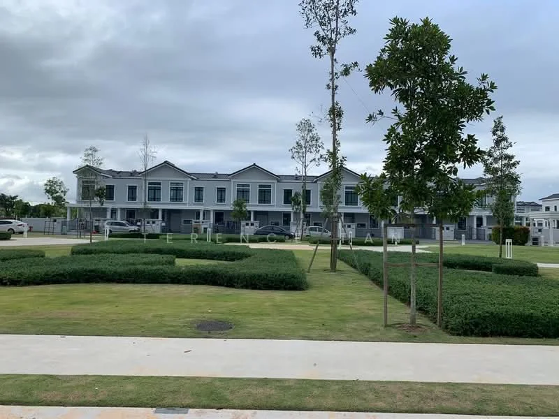 Exterior type: linked terrace house; features: two-storey linked terrace houses, manicured lawn, landscaped garden with shrubs, paved walkway, trees lining the street, modern facade with grey and white elements; style: modern.