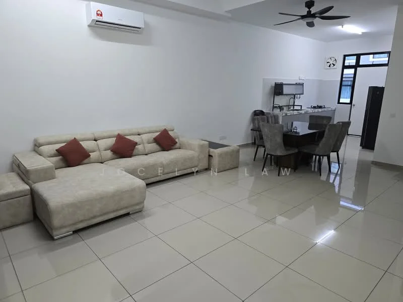 Living features: 3-seater fabric sofa in beige, 2 accent cushions in red, coffee table, wall-mounted air conditioning unit, ceiling fan, polished ceramic tile flooring, white painted walls, wall clock, large window with natural light, open layout to kitchen and dining area; style: modern. Kitchen features: kitchen countertop, stainless-steel fridge, built-in oven, cabinets, sink, stove, open layout to living area; style: modern. Dining features: 4-seater dining table, upholstered dining chairs, open layout to living area; style: modern.