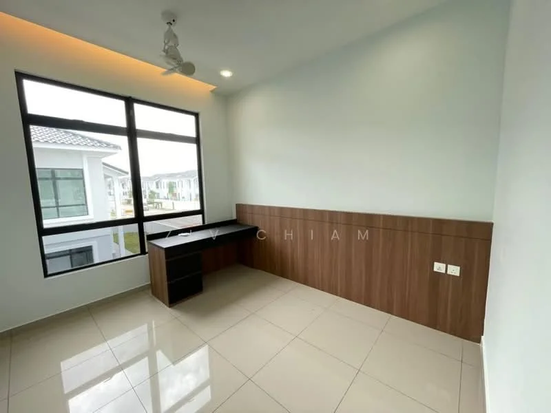 Room features: white painted walls, light grey ceiling, floor-to-ceiling windows, window with black frame, light-colored tiled flooring, built-in wooden desk, wood paneling on lower wall, ceiling fan; style: modern; view: garden.
