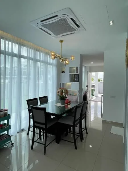Dining features: 6-seater dining table, black dining chairs, glass tabletop, pendant light fixture, floor-to-ceiling windows, sheer curtains, polished tile flooring, wall-mounted artwork, air conditioning unit, decorative plant, open layout to living area; style: modern; view: garden.