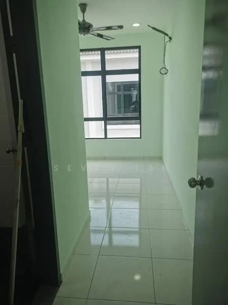 Room features: light green painted walls, white tiled flooring, 5-blade ceiling fan, large window with black frame, natural light from window, door leading to another room, wall-mounted light fixture, neutral decor; style: modern.