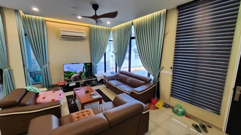 Living features: 3-seater leather sofa in brown, 2-seater leather sofa in brown, wood coffee table, wall-mounted TV, floor-to-ceiling windows, sliding glass door, sheer curtains, blackout blinds, ceiling fan, air conditioning unit, glossy tile flooring, decorative wall, wall-mounted decor; style: modern.