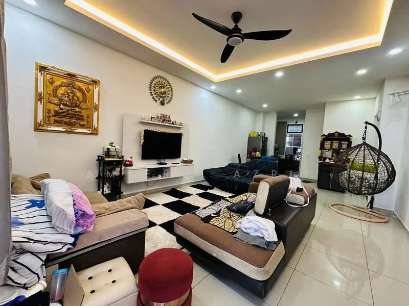 Living features: sofa with brown upholstery, 3-seater fabric sofa in beige, black and white area rug, wall-mounted TV, white entertainment unit, ceiling fan with light, recessed LED downlights, decorative wall art, hanging chair, coffee table, polished tile flooring; style: modern.