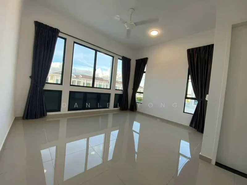 Living features: white painted walls, glossy ceramic tile flooring, 5-blade ceiling fan with light, floor-to-ceiling windows, blackout curtains, natural light from windows, neutral color scheme, spacious layout; style: modern; view: garden.