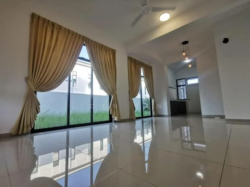 Living features: large floor-to-ceiling windows, cream curtains, white painted walls, polished ceramic tile flooring, ceiling fan, recessed ceiling lights, open layout, view of outdoor greenery; style: modern; view: garden.