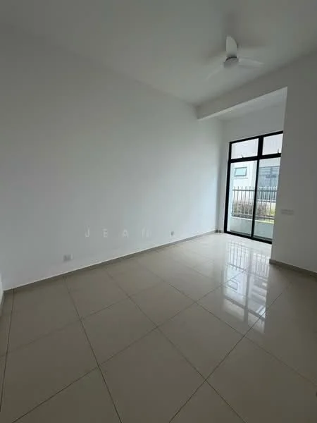 Room features: white painted walls, glossy ceramic tile flooring, 5-blade ceiling fan, floor-to-ceiling windows, natural light from window, no visible furniture, neutral color scheme; style: modern; view: garden.