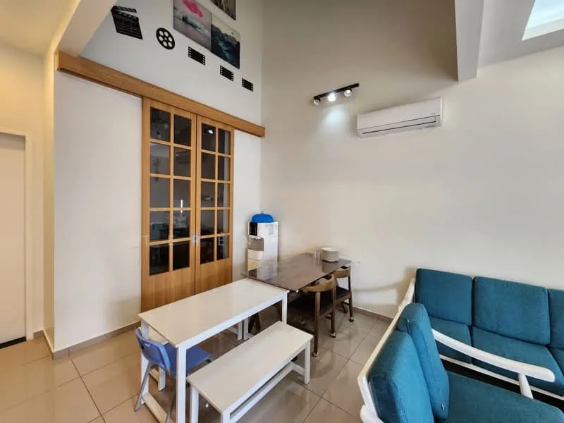 Dining features: white rectangular dining table, wooden dining chairs, blue fabric sofa, air conditioning unit on wall, glass door cabinet, water dispenser, tiled flooring, wall-mounted lighting, decorative wall art; style: modern.