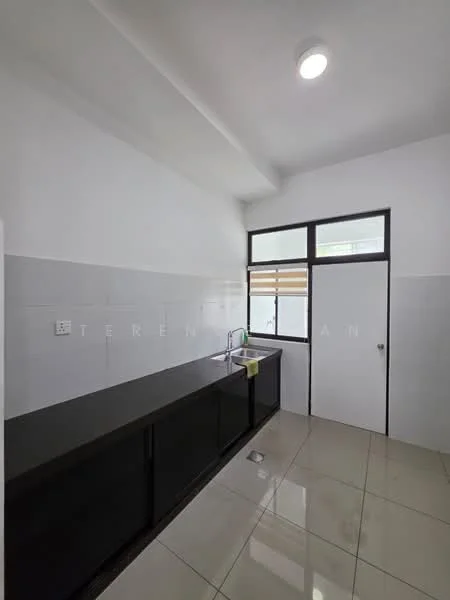Kitchen features: black cabinetry, white tiled walls, grey floor tiles, single-bowl stainless-steel sink, chrome pull-down faucet, window with horizontal slats, door with white panel, recessed ceiling light; style: modern.