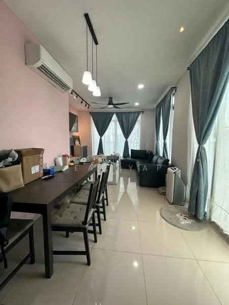 Living features: white painted walls, grey accent wall, glossy tile flooring, 5-blade ceiling fan with light, recessed downlights, floor-to-ceiling windows, sheer curtains, blackout curtains, sofa in black, dining table with 6 chairs, decorative items on table, air conditioning unit; style: modern.
