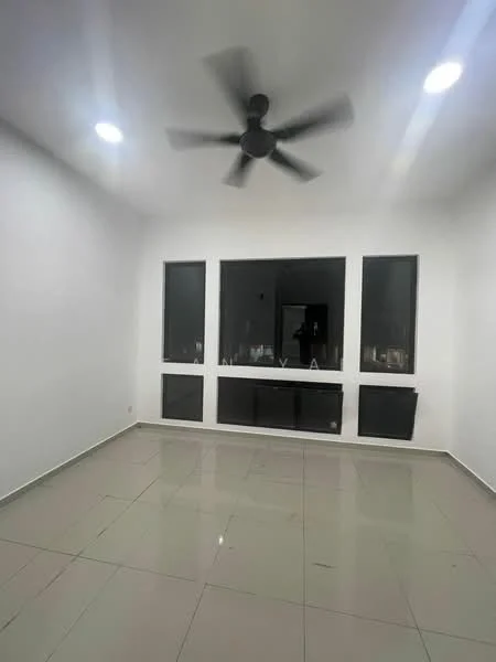 Living features: white painted walls, glossy ceramic tile flooring, 5-blade ceiling fan, recessed LED downlights, floor-to-ceiling windows, window treatments, built-in cabinetry, neutral color palette; style: modern.