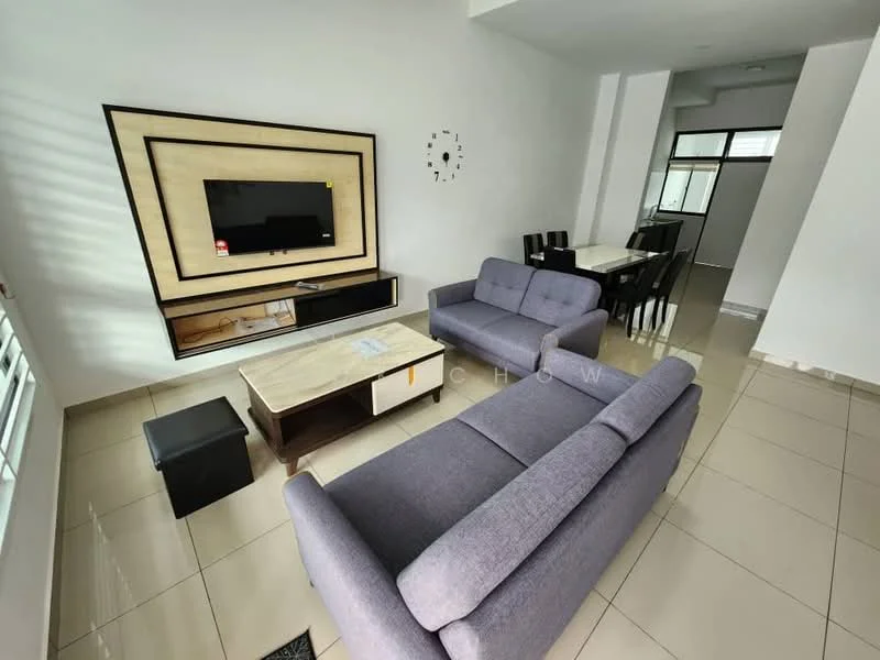 Living features: grey fabric 3-seater sofa, grey fabric 2-seater sofa, marble coffee table, wall-mounted TV, wooden TV console, decorative wall panel, tile flooring, large windows with natural light, clock on wall, black storage ottoman; style: modern. Dining features: 4-seater dining table, black dining chairs, tile flooring; style: modern.