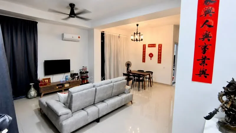 Living features: 3-seater fabric sofa in light grey, wall-mounted TV, TV console with storage, recessed downlights, ceiling fan, cream painted walls, polished tile flooring, decorative wall art, curtains in dark blue, dining area with round table, 4 upholstered dining chairs, chandelier lighting, wall-mounted air conditioning unit; style: modern.
