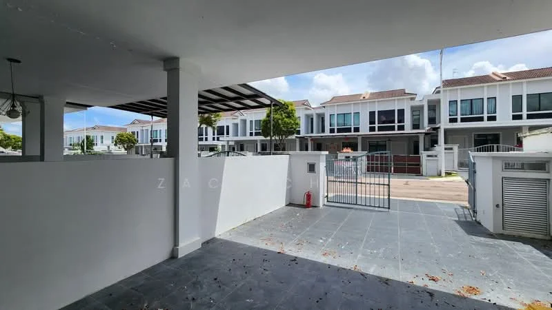 Exterior type: linked terrace house; features: covered car porch, grey tiled flooring, white painted walls, gated entry, manicured landscaping, two-storey linked terrace houses, front yard, driveway with interlocking pavers; style: modern.