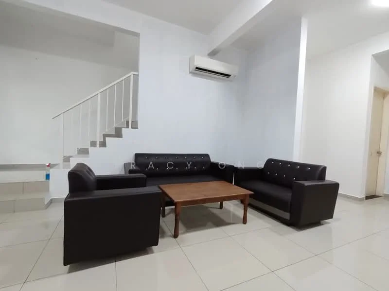 Living features: 3-seater leather sofa in black, 2-seater leather sofa in black, wood coffee table, white painted walls, tile flooring, 1 wall-mounted split AC, staircase with white railing, recessed ceiling lights; style: modern.