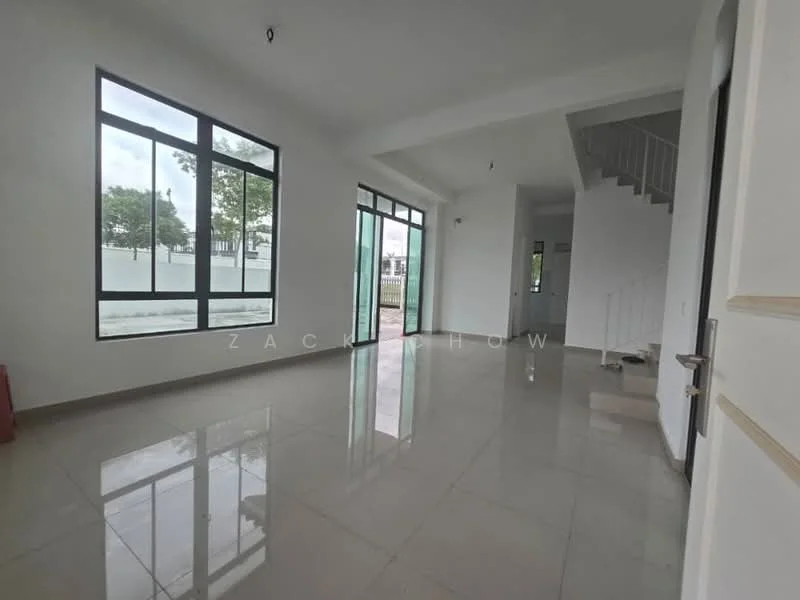 Living features: white painted walls, glossy ceramic tile flooring, floor-to-ceiling windows, sliding glass door, natural light from windows, staircase visible in background, no visible furniture, high ceiling; style: modern; view: garden.