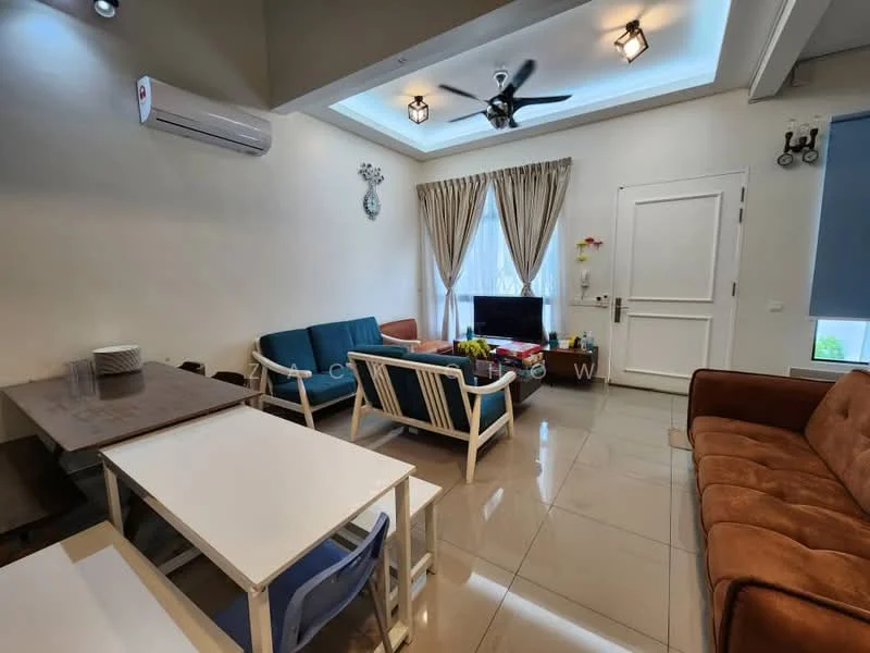 Living features: 5-blade ceiling fan with light, recessed downlights, cream painted walls, glossy tile flooring, sofa in brown leather, 3-seater fabric sofa in blue, coffee table, TV console, wall-mounted TV, curtains in beige, decorative wall art, dining table with 4 chairs; style: modern.