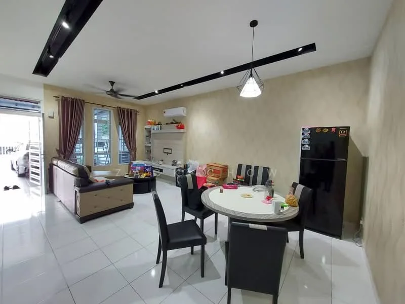 Living features: white painted walls, glossy white tile flooring, 5-blade ceiling fan with light, recessed LED downlights, sofa in beige, coffee table, TV console, wall-mounted TV, area rug, dining table with round marble top, 4 black dining chairs, black refrigerator, curtains in dark brown; style: modern.