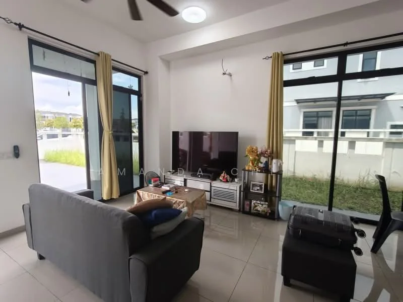 Living features: grey fabric sofa, coffee table, wall-mounted TV, TV console, floor-to-ceiling windows, sheer curtains, light-colored walls, ceiling fan with light, tile flooring, decorative plants, side table; style: modern; view: garden.