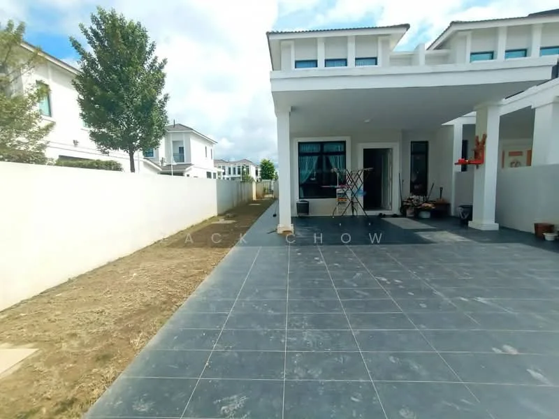 Exterior type: detached bungalow; features: grey tiled flooring, covered porch area, white painted walls, manicured lawn, side walkway, outdoor drying rack, landscaped garden area, two-storey structure, large windows, gutter system, modern architectural design; style: modern.