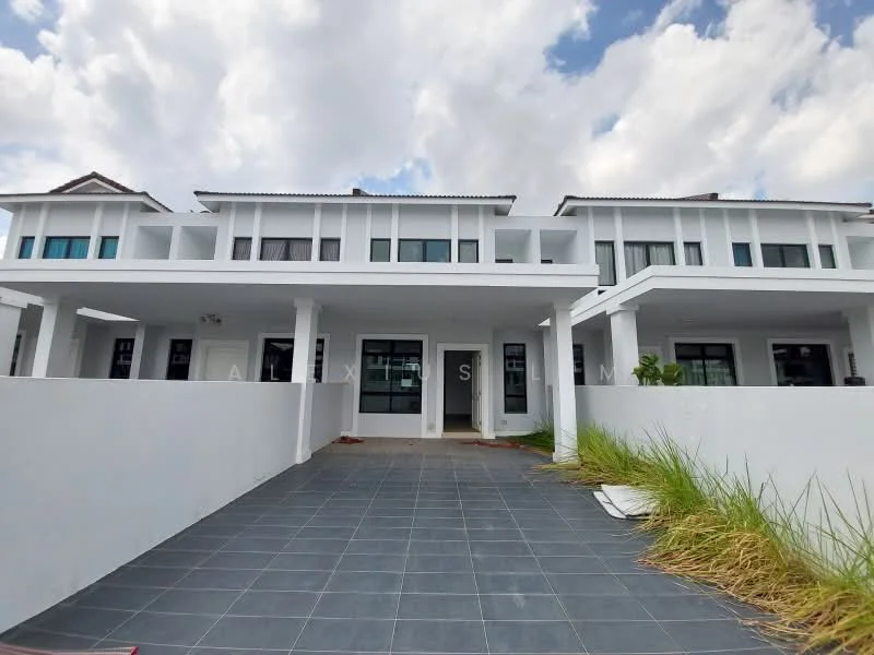 Exterior type: linked terrace house; features: white painted facade, flat roof, approximately 2-storey, manicured lawn, paved driveway, large windows, balconies on upper floor, surrounded by greenery; style: modern.
