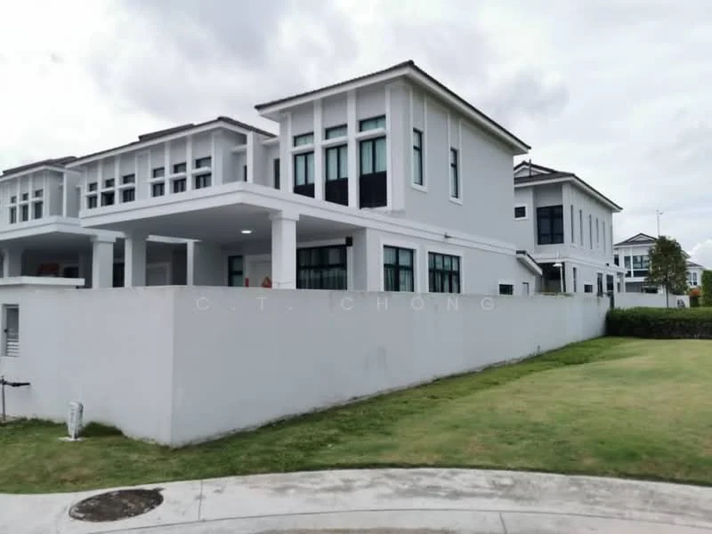 Exterior type: detached bungalow; features: white painted facade, flat roof, two-storey structure, large windows, manicured lawn, surrounding wall, driveway, corner lot, modern architectural design; style: modern.