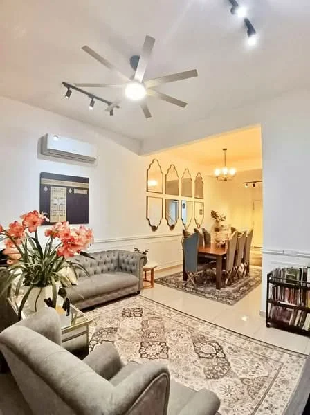 Living features: 5-blade ceiling fan with light, wall-mounted split AC, grey fabric sofa, area rug with intricate pattern, decorative wall mirrors, white painted walls with crown moulding, recessed LED downlights, coffee table, potted flowers, bookshelf; style: modern. Dining features: 8-seater dining table, upholstered dining chairs, chandelier, white painted walls, decorative wall mirrors; style: modern.