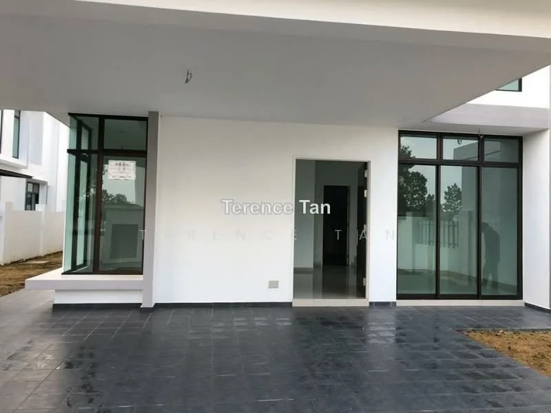Exterior features: white painted facade, large glass windows, sliding glass door, flat roof, grey tiled flooring, manicured lawn, surrounded by greenery; style: modern.