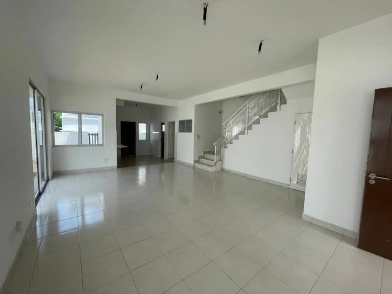 Living features: white painted walls, tile flooring, sliding glass door, floor-to-ceiling windows, recessed downlights, staircase with metal railing, open layout, natural light from windows; style: modern; view: garden. Room features: white painted walls, tile flooring, door leading to unknown room.