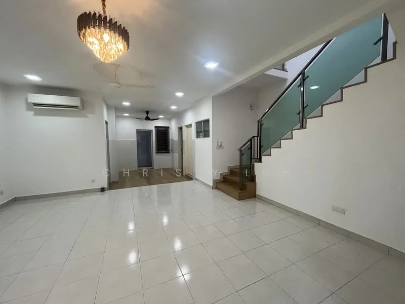 Living features: white painted walls, glossy ceramic tile flooring, 5-blade ceiling fan with light, recessed LED downlights, chandelier, air conditioning unit, staircase with wooden steps, glass railing, large windows, open layout; style: modern.